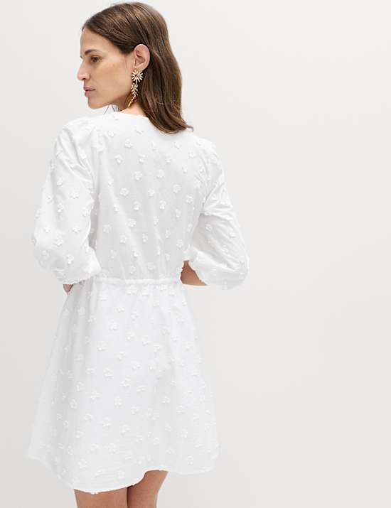 Pure Cotton Embroidered V-Neck Mini Waisted Dress