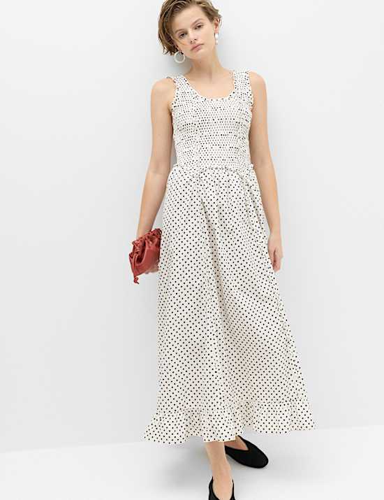 Pure Cotton Polka Dot Ruffle Midi Skater Dress