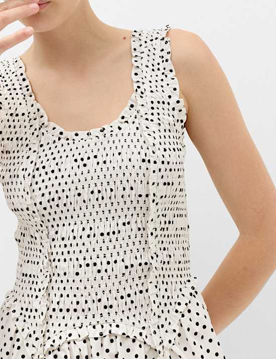 Pure Cotton Polka Dot Ruffle Midi Skater Dress