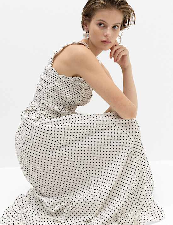 Pure Cotton Polka Dot Ruffle Midi Skater Dress
