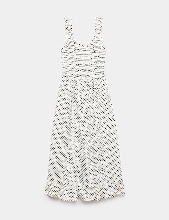 Pure Cotton Polka Dot Ruffle Midi Skater Dress
