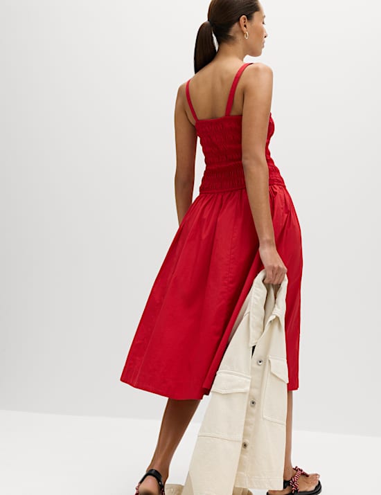 Pure Cotton Shirred Midi Cami Dress