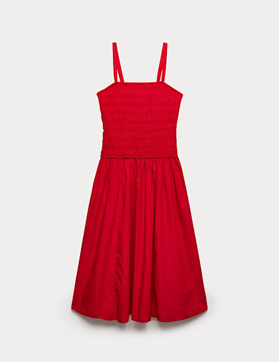 Pure Cotton Shirred Midi Cami Dress
