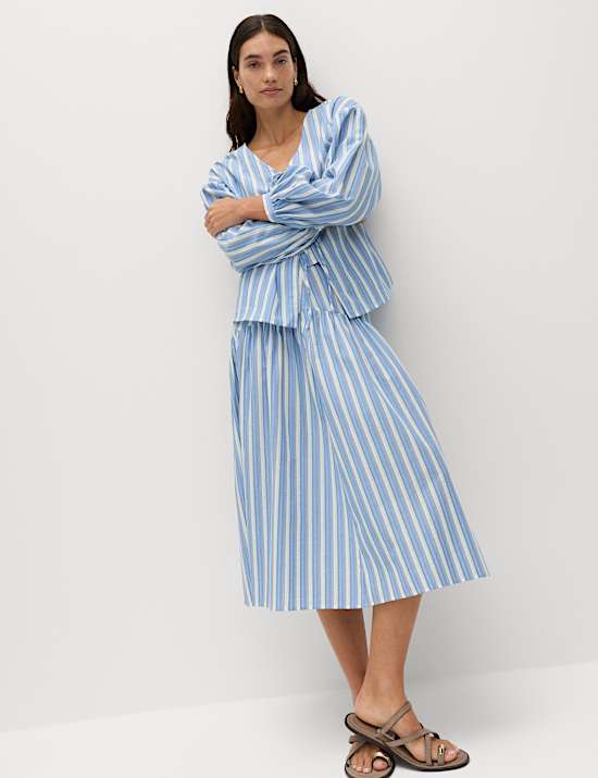 Falda midi a rayas con cintura baja 100 % algod&oacute;n