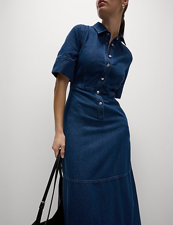 Denim Button Front Midi Shirt Dress
