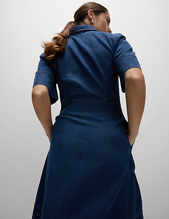 Denim Button Front Midi Shirt Dress