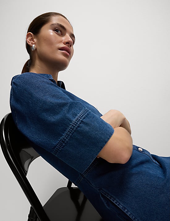 Denim Button Front Midi Shirt Dress