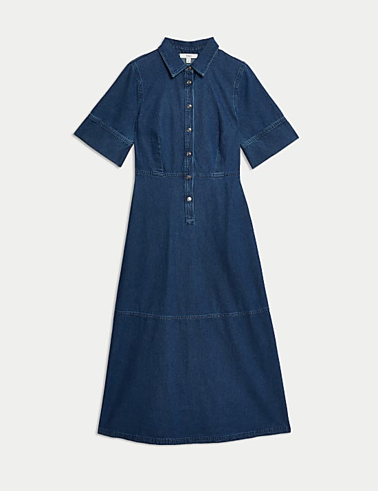 Denim Button Front Midi Shirt Dress
