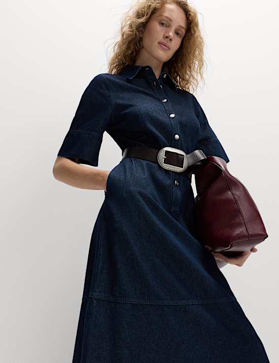 Denim Button Front Midi Shirt Dress