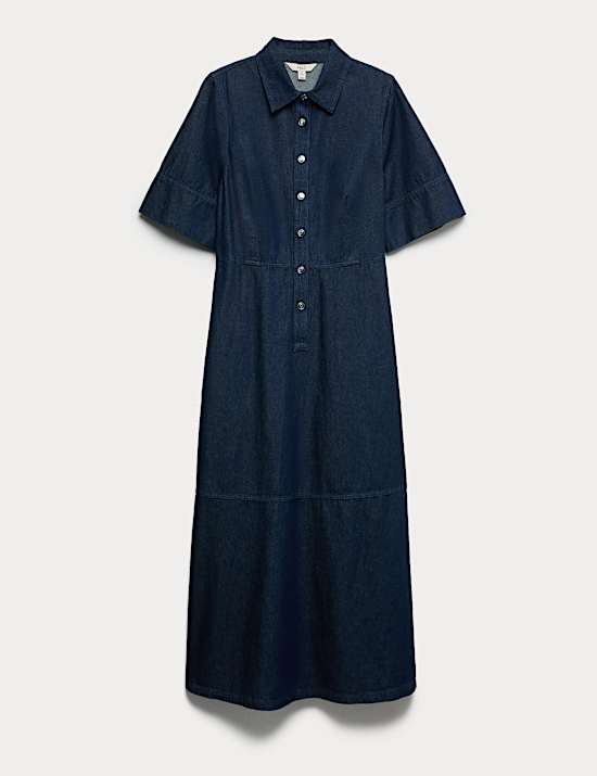 Denim Button Front Midi Shirt Dress