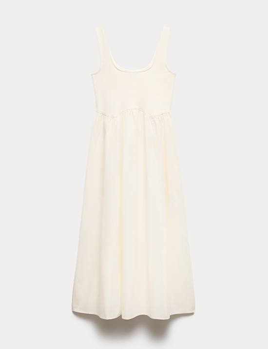 Cotton Rich Square Neck Midi Waisted Dress