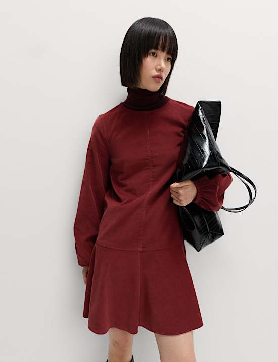 Corduroy Round Neck Mini Drop Waist Dress