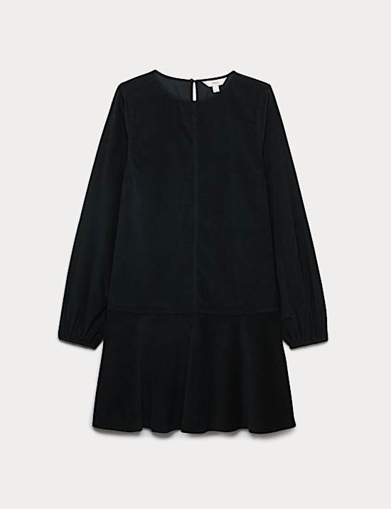 Robe mini taille basse à col rond en velours côtelé