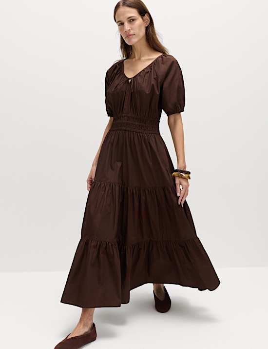 Pure Cotton Tie Detail Midaxi Waisted Dress