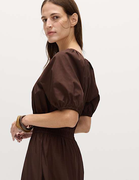 Pure Cotton Tie Detail Midaxi Waisted Dress