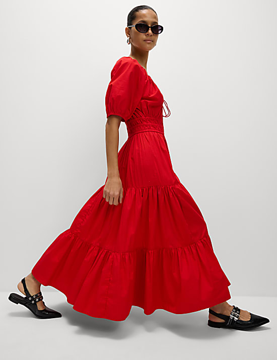 Pure Cotton Tie Neck Midaxi Waisted Dress