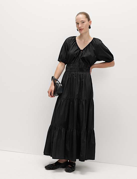 Pure Cotton Tie Neck Midaxi Waisted Dress