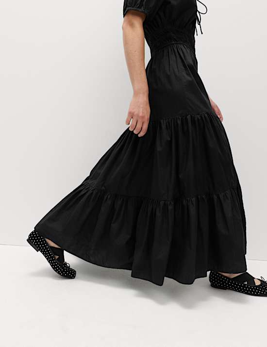 Pure Cotton Tie Neck Midaxi Waisted Dress