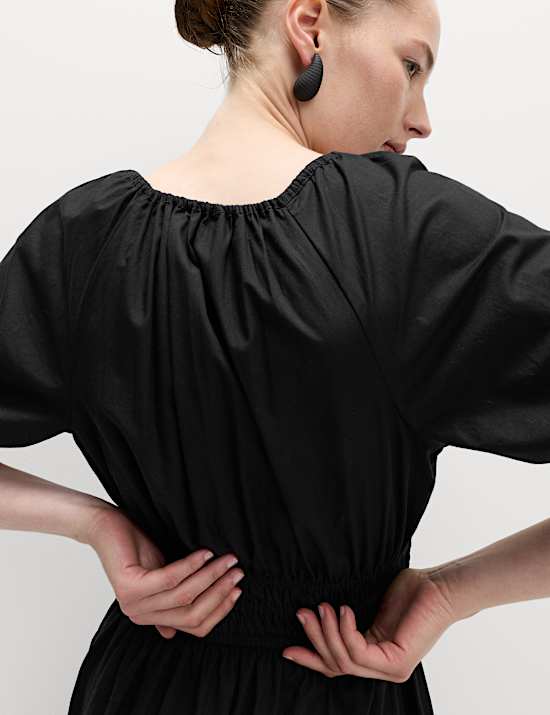 Pure Cotton Tie Neck Midaxi Waisted Dress