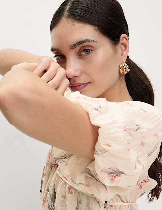 Lyocell Rich Floral V-Neck Mini Waisted Dress