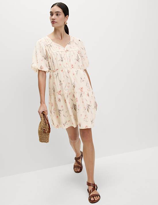 Lyocell Rich Floral V-Neck Mini Waisted Dress