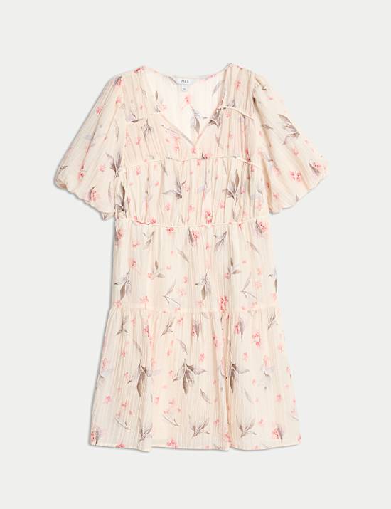 Lyocell Rich Floral V-Neck Mini Waisted Dress