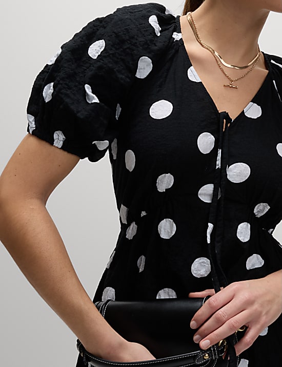 Cotton Rich Polka Dot Midi Waisted Dress