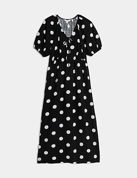 Cotton Rich Polka Dot Midi Waisted Dress