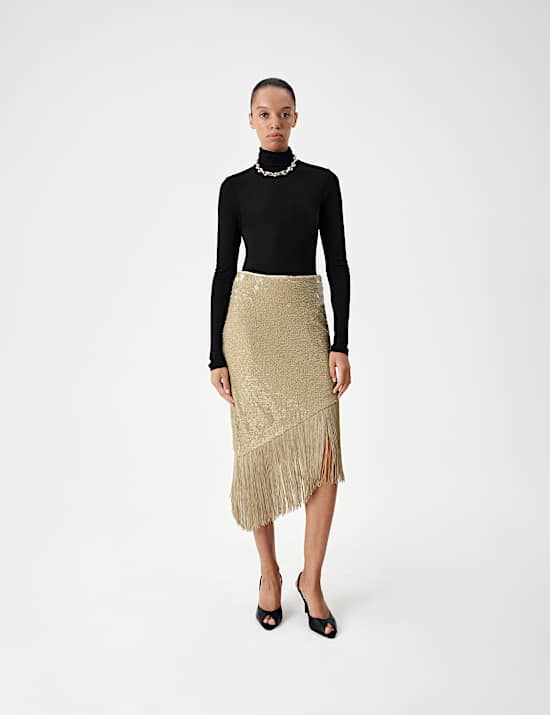 Sequin Asymmetric Fringe Skirt