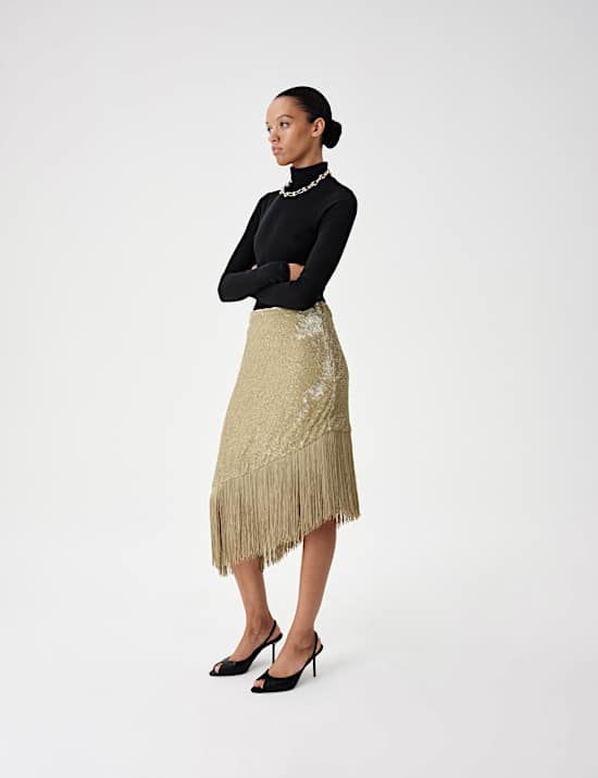 Sequin Asymmetric Fringe Skirt