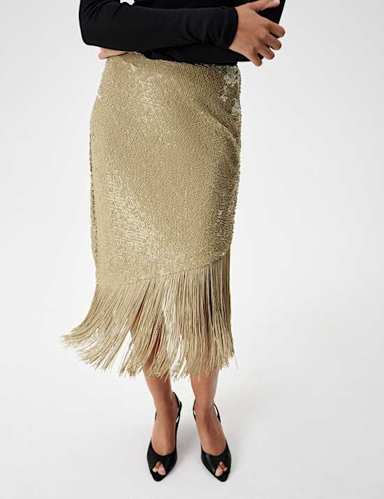 Sequin Asymmetric Fringe Skirt