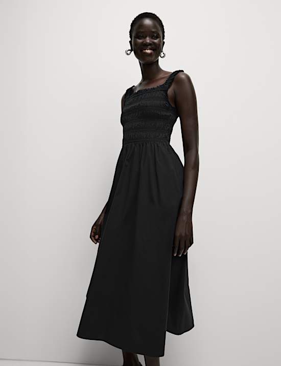 Pure Cotton Textured Midi Waisted Dress