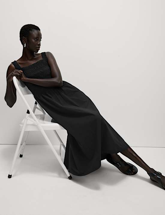 Pure Cotton Textured Midi Waisted Dress