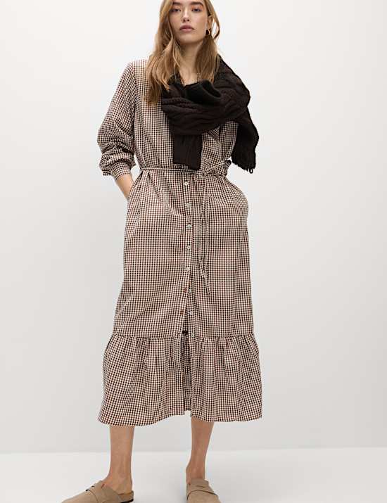 Modal Rich Checked Button Front Midi Dress