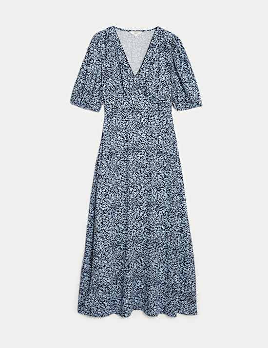 Robe midi &agrave; manches bouffantes et col en V avec imprim&eacute;