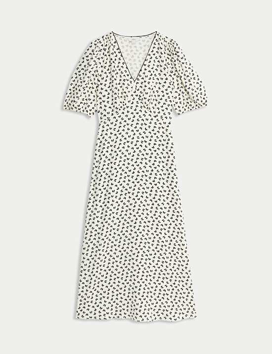 Alledaagse midi-jurk met pofmouwen, V-hals en print