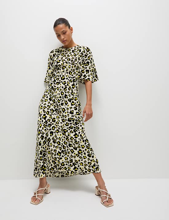 Robe midaxi &agrave; encolure ronde et manches cape &agrave; imprim&eacute;