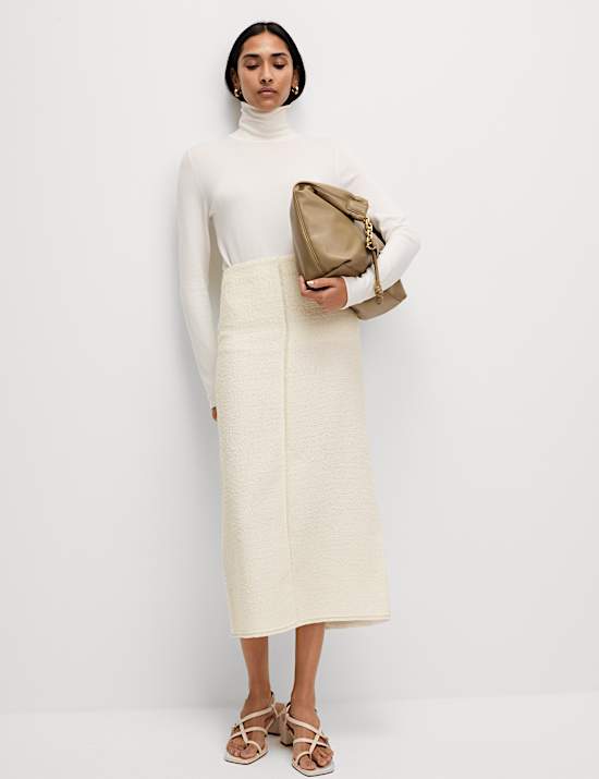 Boucle Split Back Midaxi A-Line Skirt with Wool