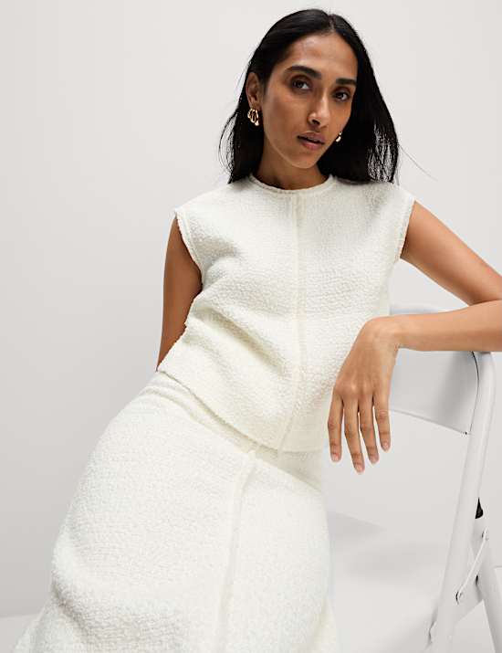 Boucle Split Back Midaxi A-Line Skirt with Wool