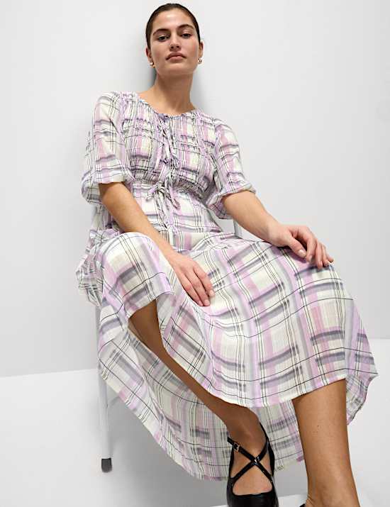 Printed Tie Front Midaxi Shirred Dress