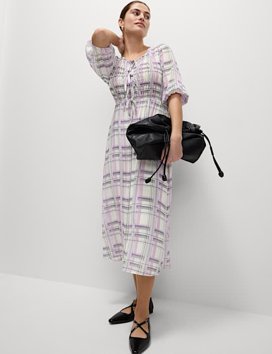 Printed Tie Front Midaxi Shirred Dress