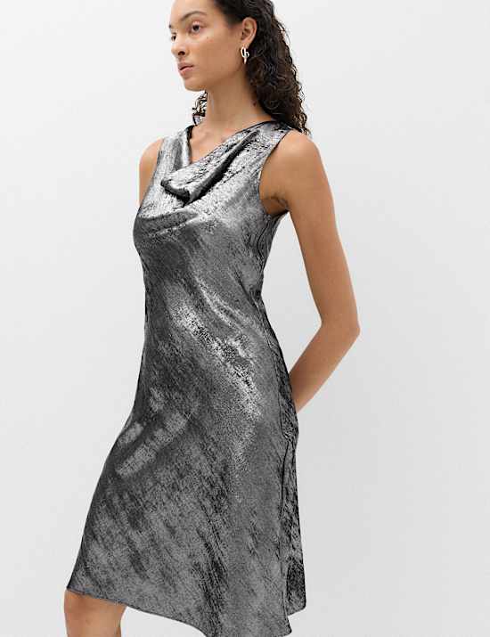 Metallic Cowl Neck Knee Length Slip Dress