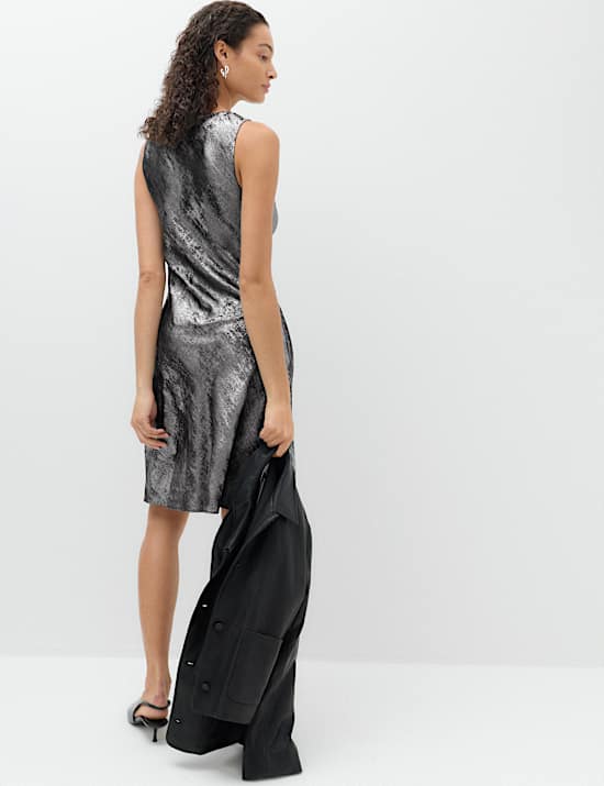 Metallic Cowl Neck Knee Length Slip Dress
