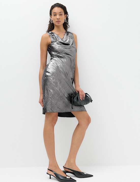 Metallic Cowl Neck Knee Length Slip Dress