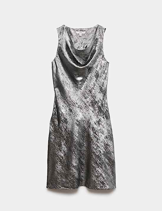 Metallic Cowl Neck Knee Length Slip Dress