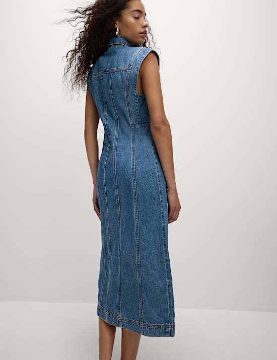 Denim praktische midi-jurk met knoopsluiting voor