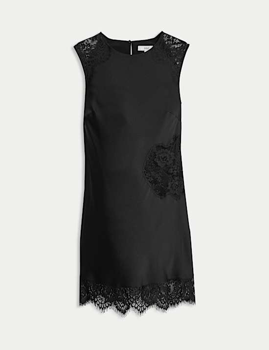 Round Neck Lace Insert Mini Shift Dress