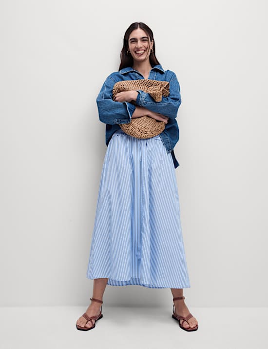 Pure Cotton Striped Midi A-Line Skirt