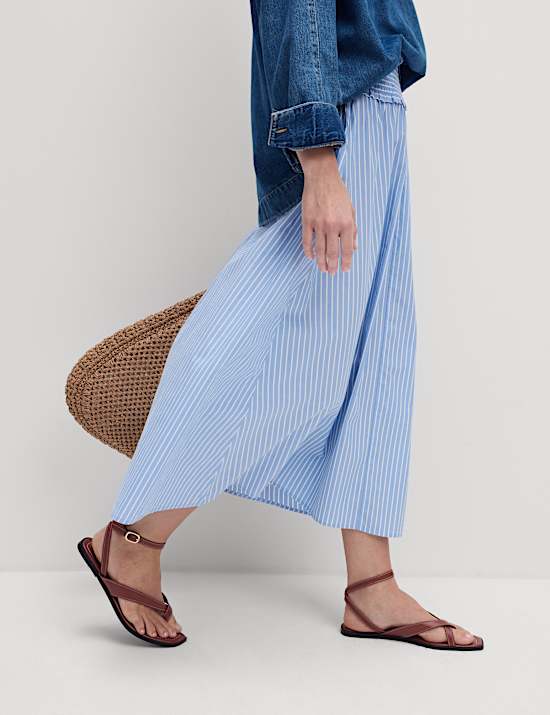 Pure Cotton Striped Midi A-Line Skirt