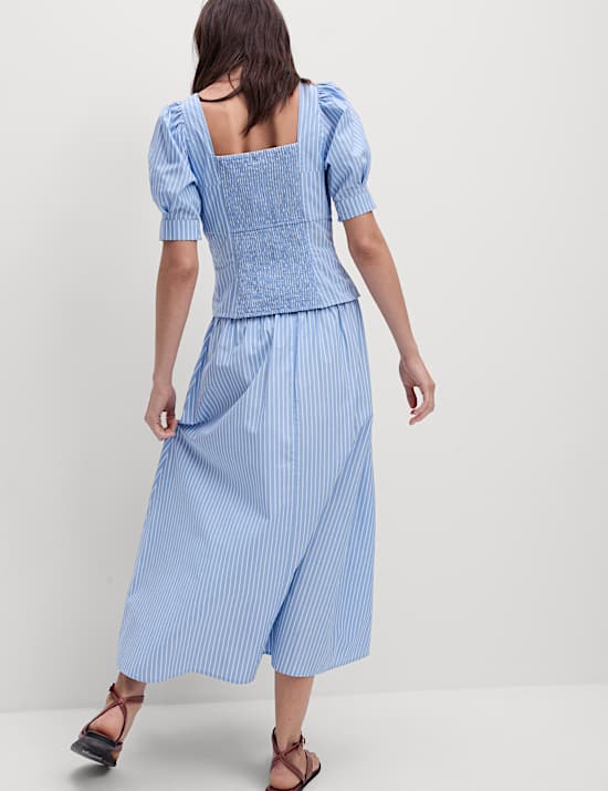 Pure Cotton Striped Midi A-Line Skirt